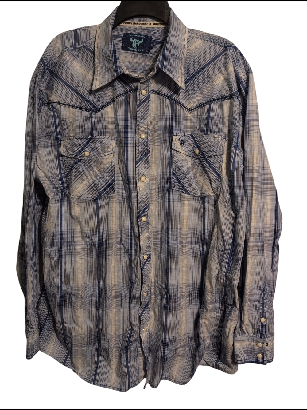 Cowboy Hardware Plaid Western Button-Up Shirt - Blue & White Mens XL